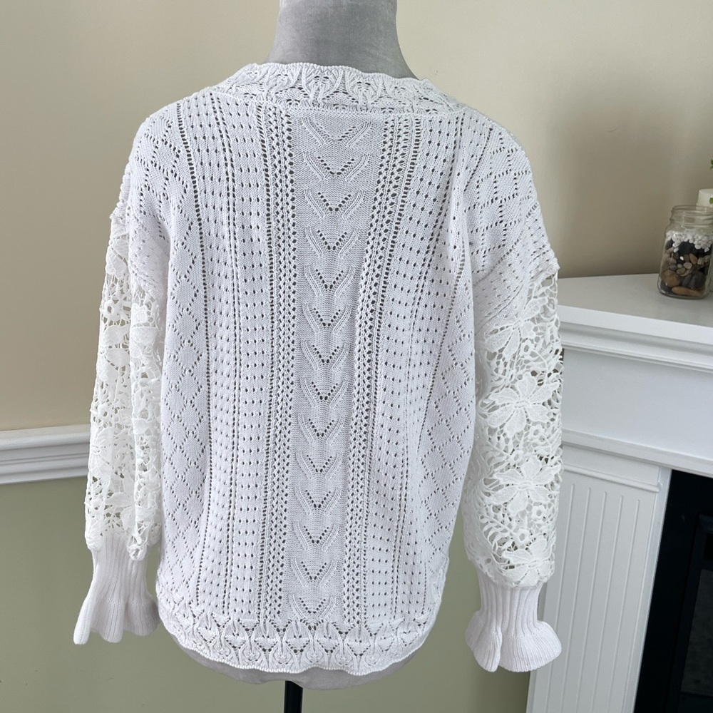 AMAZON White Crochet & Embroidery Knit Ruffled Cuff Lightweight Sweater S NWOT - Picture 4 of 9